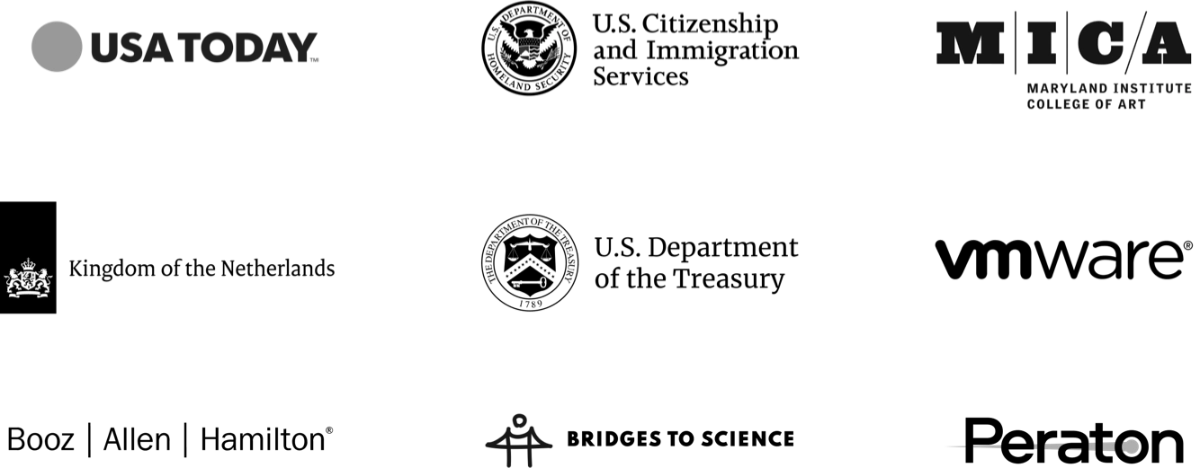 Logos of clients including U.S. Treasury, USA Today, USCIS, and MICA