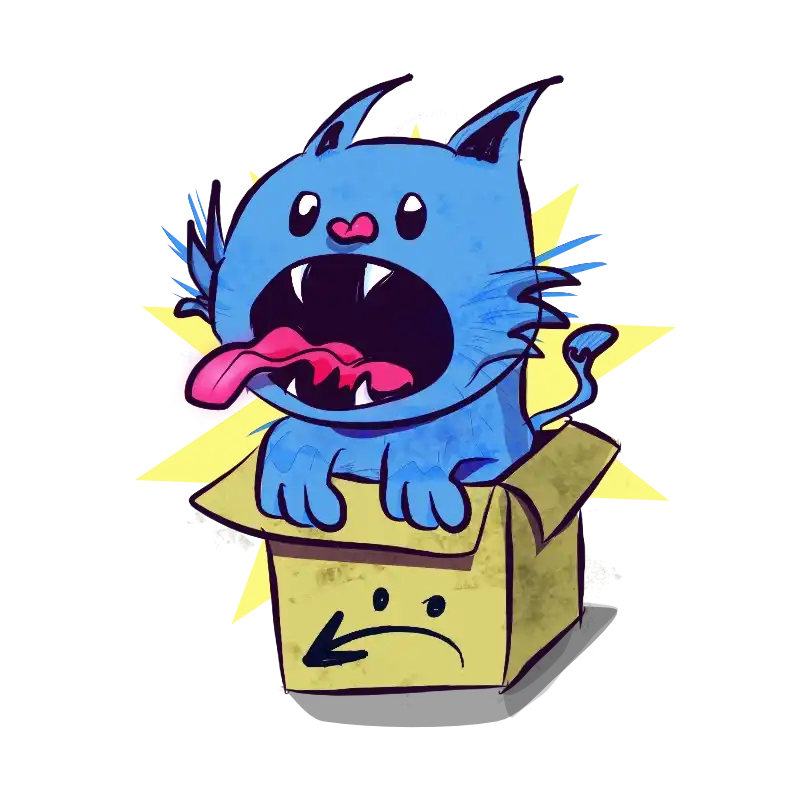 cartoon of a blue cat sitting in a dirty Amazon delivery box. Support Amazon workers.