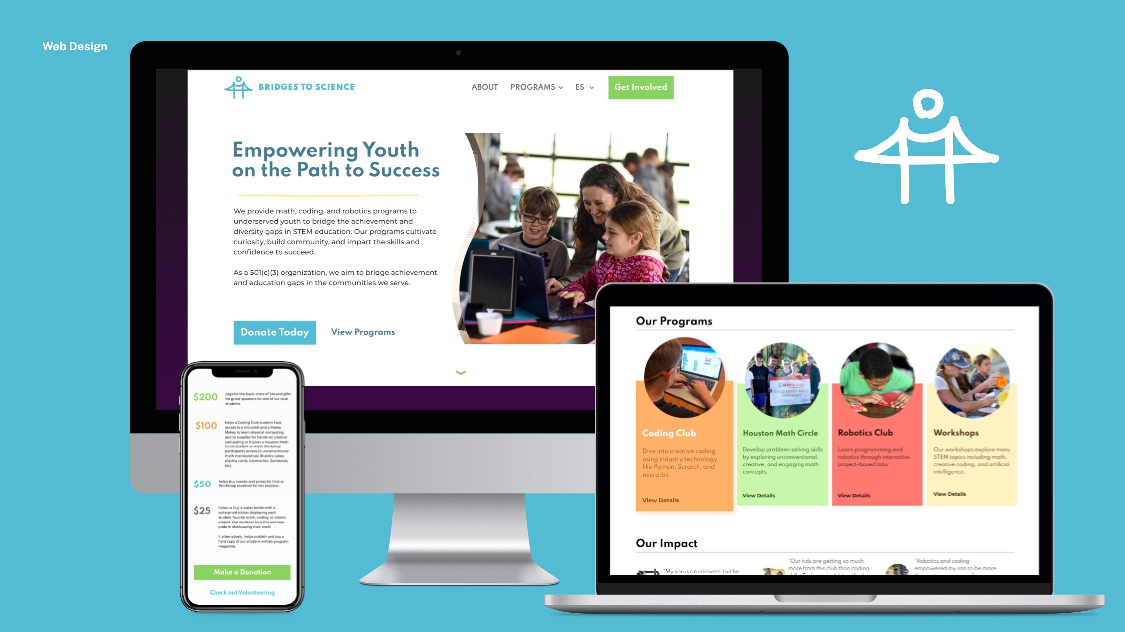A desktop, lapptop, and mobile device showing the Bridges to Science website.