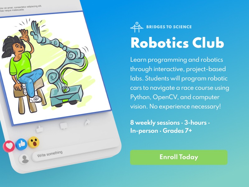A social media post outlining details for a meeting of the Robotics Club. The illustration shows a child high-fiving a robotic arm.