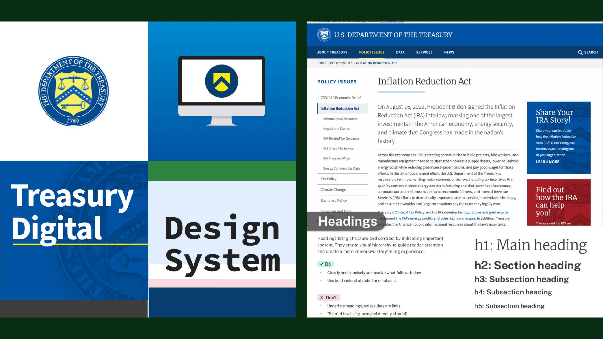 Cover and Headings pages of the Treasury Design System.