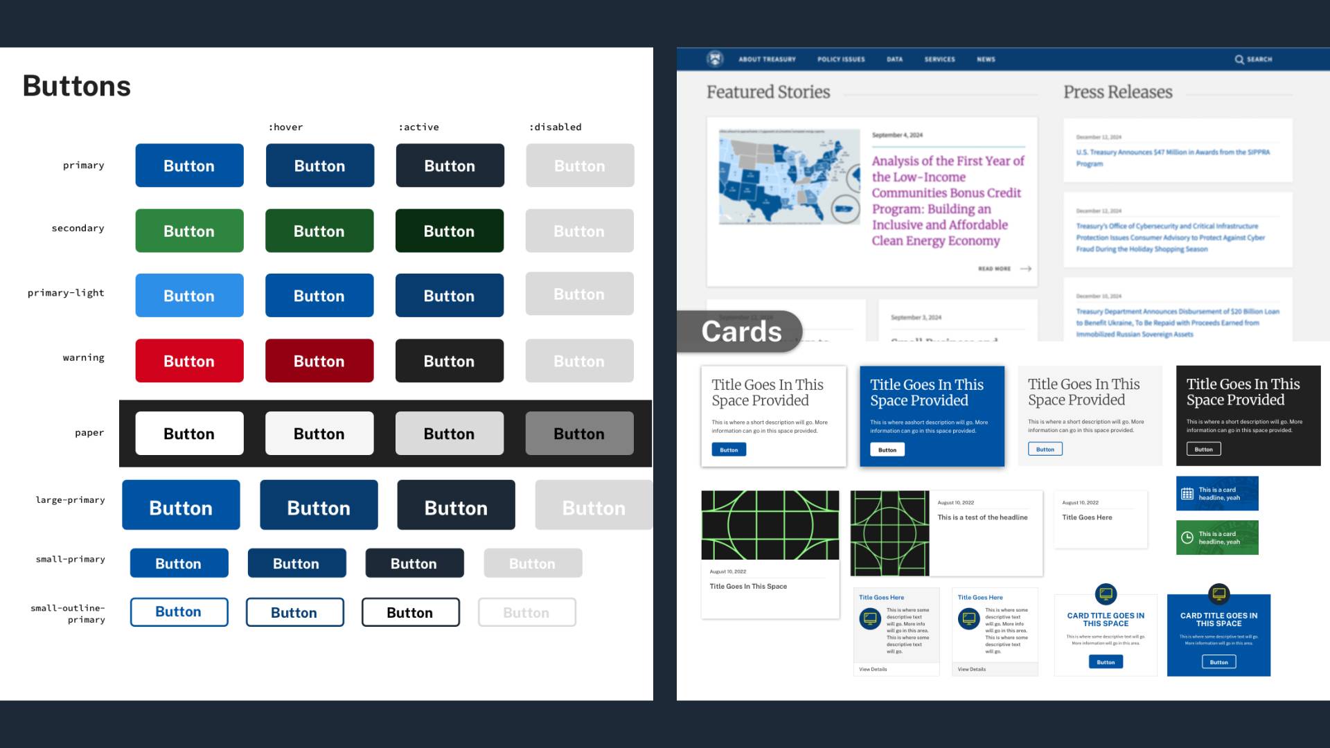 Buttons and Cards pages of the Treasury Design System.