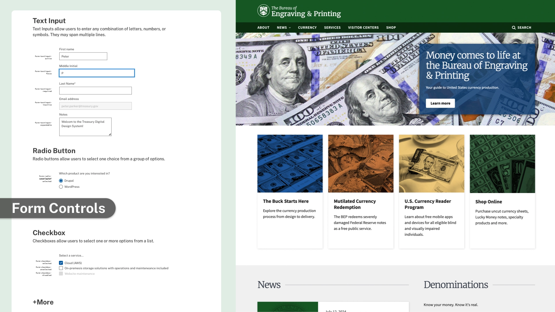 a screenshot of the Treasury design system documentation outlining how to use form controls alongside the bep.gov home page.