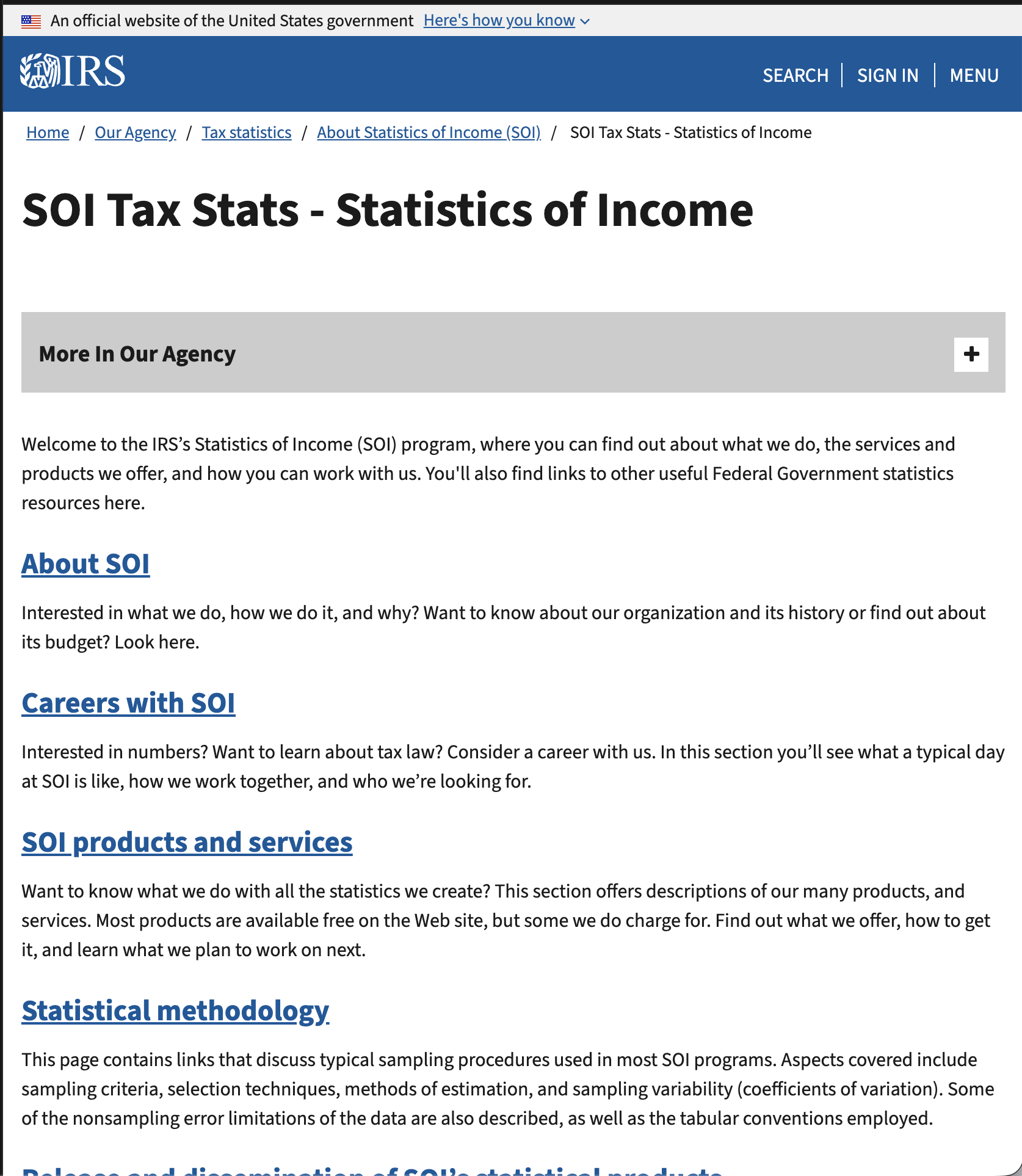 Screenshot of the original Statistics of Income website, showcasing a dense, text-heavy layout with traditional and complex navigation.