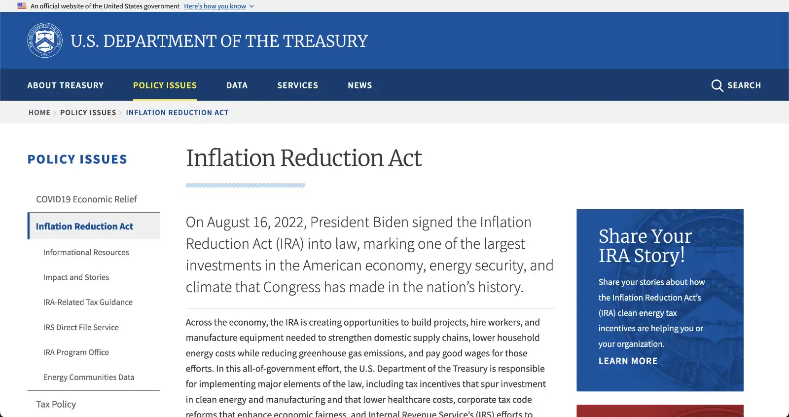 a screenshot of a Treasury webpage outlining policy issues and the Inflation Reduction Act.