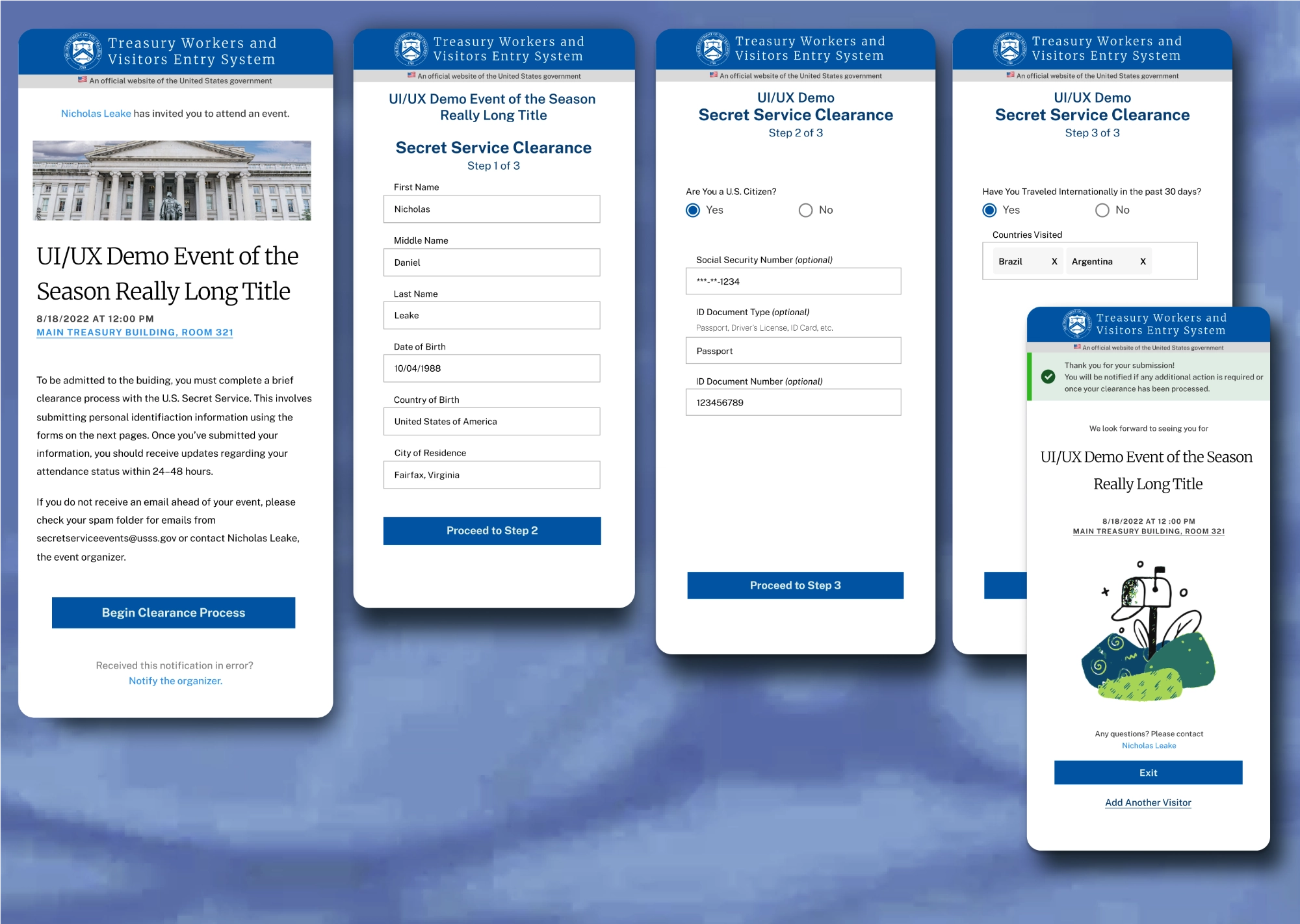 mobile UI mockup of an events application for the US Treasury Department using the Treasury Digital Design System.