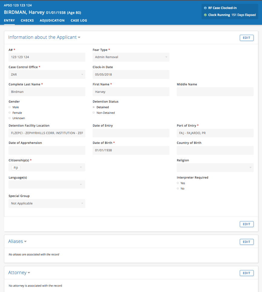 The case entry page is where users review applicant biographic information such as names, dates of birth, and attorney inoformation.