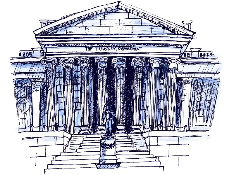 a pen and ink sketch of the facade of the US Treasury Department building in Washington, DC.